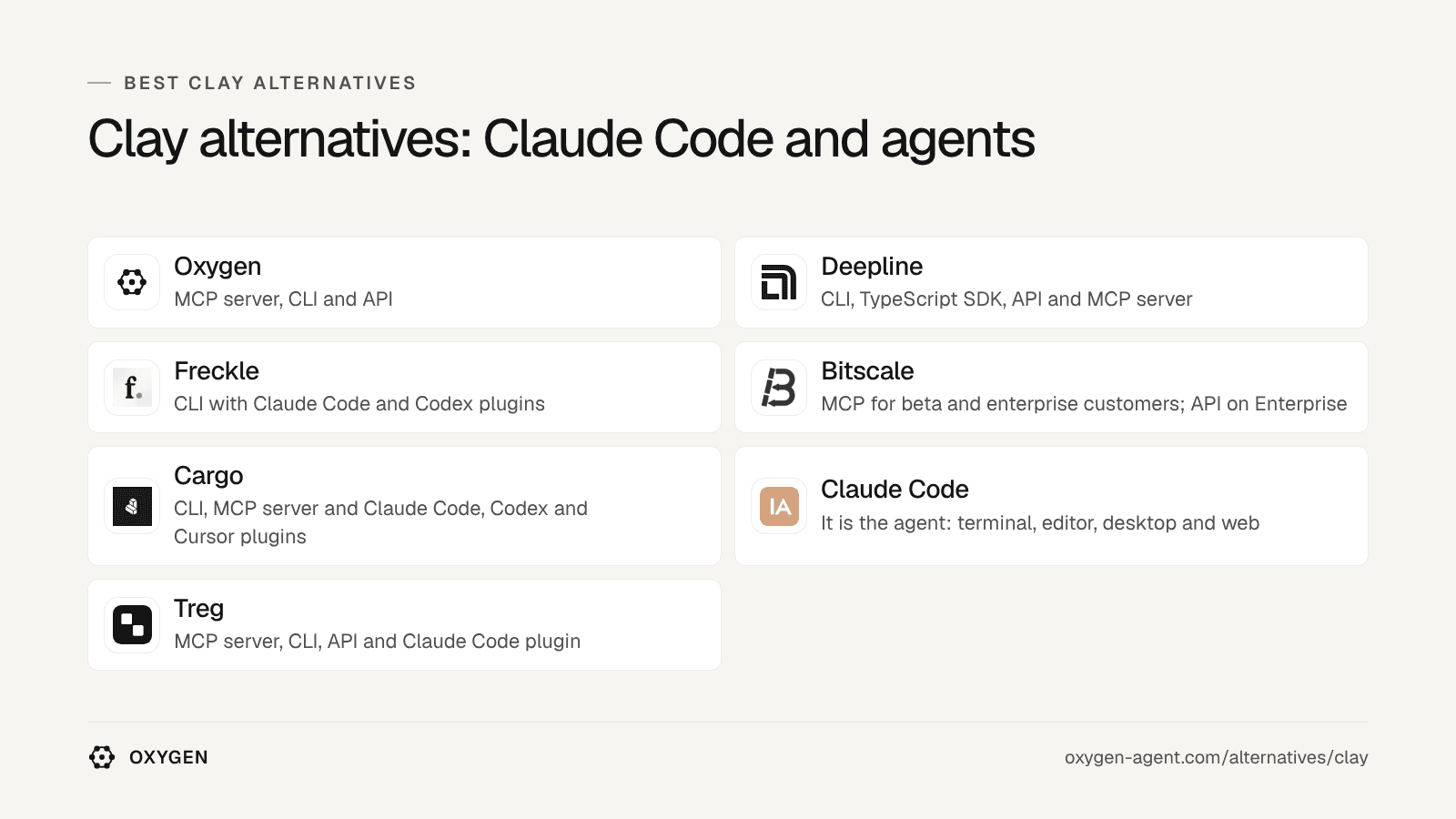 Clay alternatives by Claude Code and agents: Oxygen, Deepline, Freckle, Bitscale, Cargo, Claude Code, Treg.