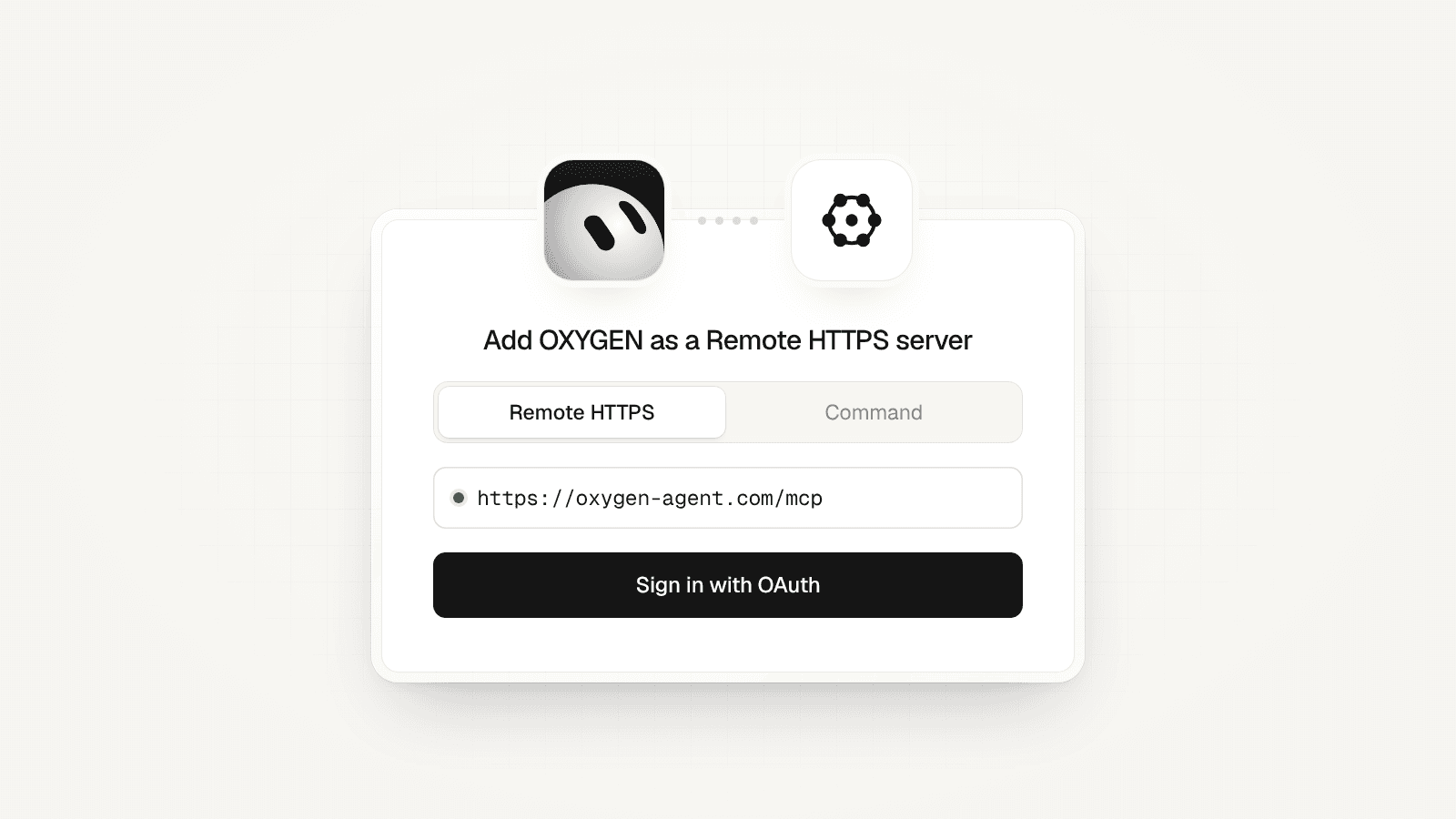 A connect card with the Grok Bot mark linked to the OXYGEN mark: Remote HTTPS, https://tryoxygenhq.com/mcp, and Sign in with OAuth.